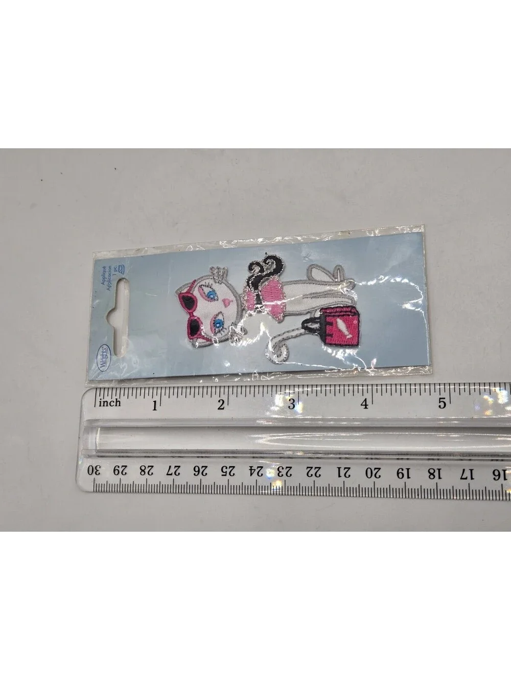 Vtg Wrights Cat Applique Patch Iron On White Kitty Pink Dress Sunglasses New NOS